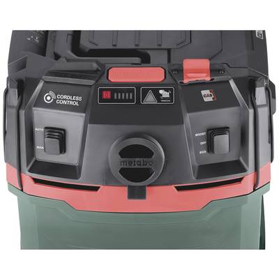 'Metabo Cordless Vacuum Cleaner' with buttons for 'Auto', 'Manual', 'Boost', 'Eco' and 'Cordless Control' symbol.