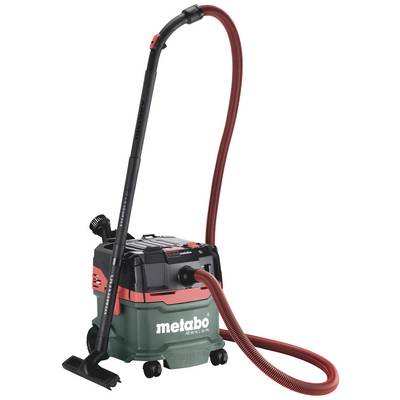 Industrial vacuum cleaner with a red hose and black handle. Device stands on wheels, brand name "metabo" visible at the front.