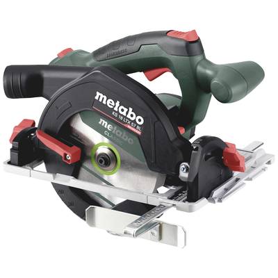 A cordless Metabo circular saw with green and black body, red accents, visible blade and metal base plate, shown on a white background.