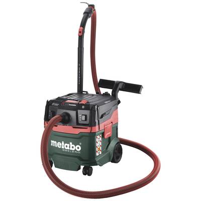 Industrial vacuum cleaner by Metabo with a red hose and handle. The model is 'ASR 35 L 3PC SC' and it has wheels for easy movement.