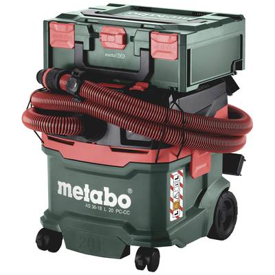 Industrial vacuum cleaner by Metabo with green and red design, large wheels and red hose. Model AS 36-18 L 20 PC-CC.