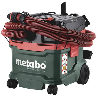 'Metabo AS 36-18 L 20 PC-CC' Industrial Vacuum Cleaner. Red and black hoses, green body with various connections and mounting points.