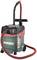 Industrial vacuum cleaner in green and black with red accents, large wheels and long hose. 'Metabo' brand name on the container.