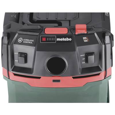 Industrial vacuum cleaner by Metabo, black and green, with controls for automatic and manual operation and operating modes.