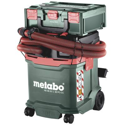 A green industrial vacuum cleaner with a red hose, brand name 'Metabo'. Model: AS 36-18 L 30 PC-CC. Suitable for industrial applications.