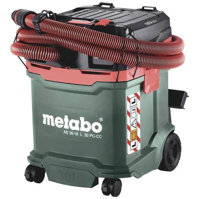 Industrial vacuum cleaner with red hose and black lid, brand 'Metabo', green housing, model AS 36-18 L 30 PC-CC.