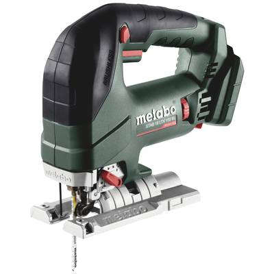 Green Metabo jigsaw with ergonomic handle. Commercial use, robust design, suitable for woodworking and metalworking.