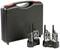 Black suitcase beside three walkie-talkies standing on charging stations. The walkie-talkies have aerials and displays.