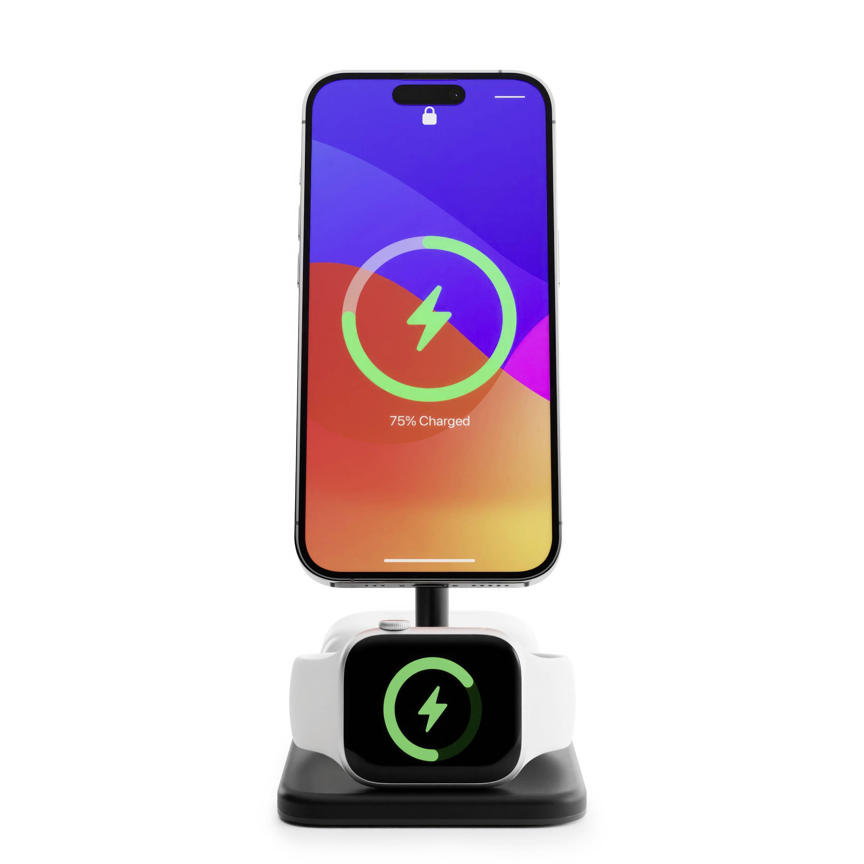 A smartphone is placed on a charging station and displays the charging screen with '75% charged'.