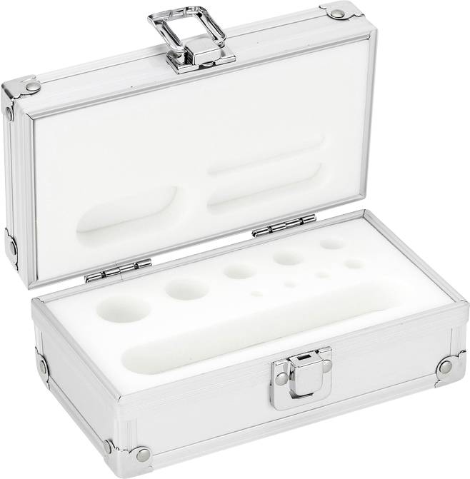 Metal case with white foam inlay for storing instruments or tools, shown open.