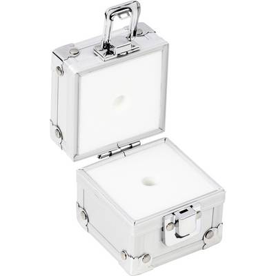 Metal case with an open lid, revealing a white foam interior with a circular recess.