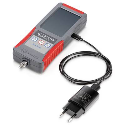 A digital measuring instrument with display, cable, and plug. 'SAUTER' and 'Force Gauge' markings visible.