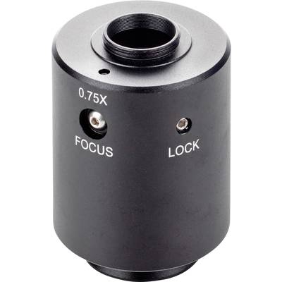 Black optical device with '0.75X', 'FOCUS' and 'LOCK' markings, likely part of a microscope or camera.