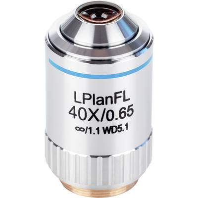 Microscope objective 'LPlanFL 40X/0.65 ∞/1.1 WD5.1' with silver housing and blue marking, for magnifying samples.
