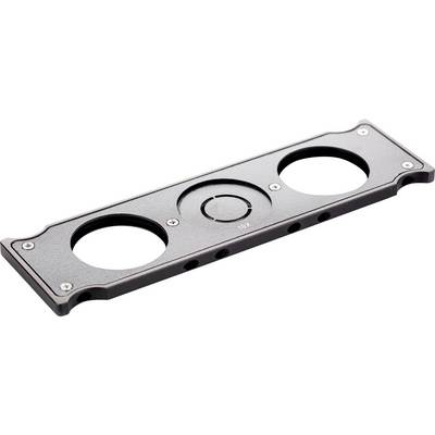 Black, rectangular metal plate with three round apertures, used for adjusting lens sizes in optical equipment.