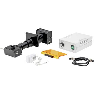 Set of electronic devices: a black device with an optical sensor, a white control box with a switch, orange filter plate, power supply and cables.
