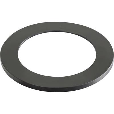 Round, black metal part with a large hole in the centre, similar to a flat disc. No context is provided regarding its function or use.