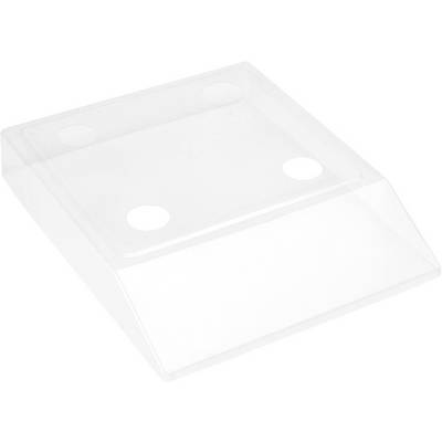 A transparent, rectangular object with bevelled edges and four rounded protrusions at each corner, resting on a white surface.