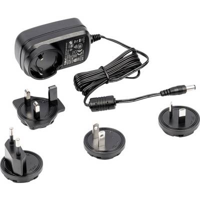 'Black power supply with a detachable cable and four different adapter plugs for international sockets.'