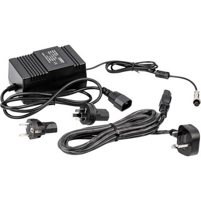 Black power adapter with multiple international plugs, cables, and a socket. Suitable for various electronic devices.