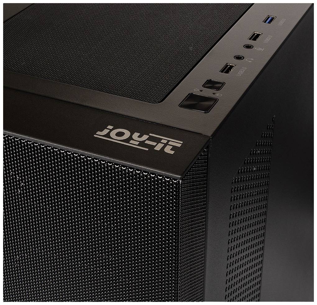 Black computer case viewed from above, with visible ports and brand logo in the top left corner.