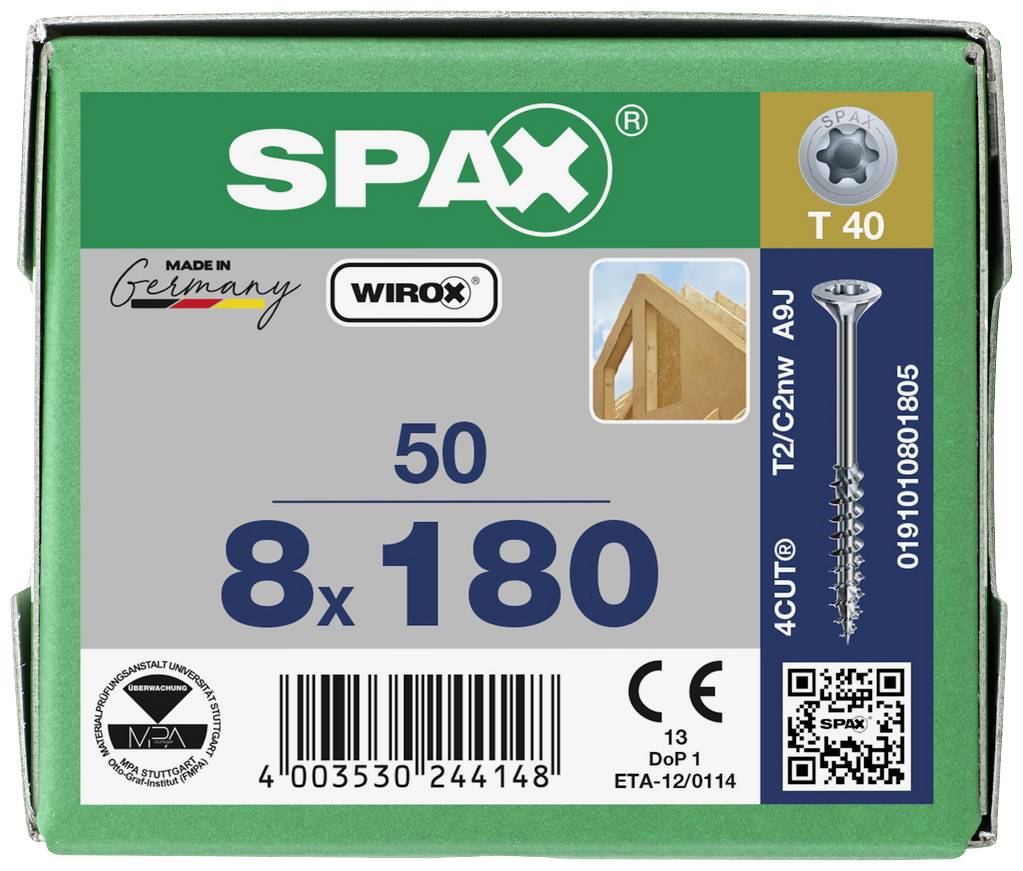 'Green packet with SPAX screws. Label reads: 8 x 180, 50 pieces. Contains details of product number and QR code.'