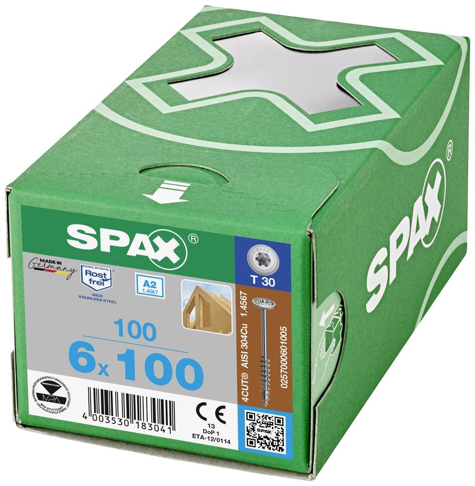 Green packaging of SPAX screws, 6x100 mm, pack of 100, stainless steel grade A2, suitable for wood connections, with product information.