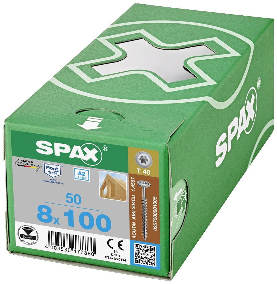 Green packaging containing 50 Spax screws, 8x100 mm. Suitable for wood connections, rust-free. Includes QR code and product details.