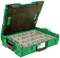 A green sorting case with an open lid shows 15 equally sized compartments for storage. Ideal for screws or small parts.