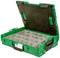 Green sorting box with an open lid and multiple compartments for storing items.