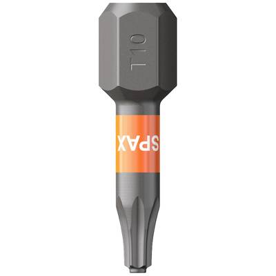 In the image, a Torx screwdriver bit of size T10 is shown, with an orange SPAX print on the side.