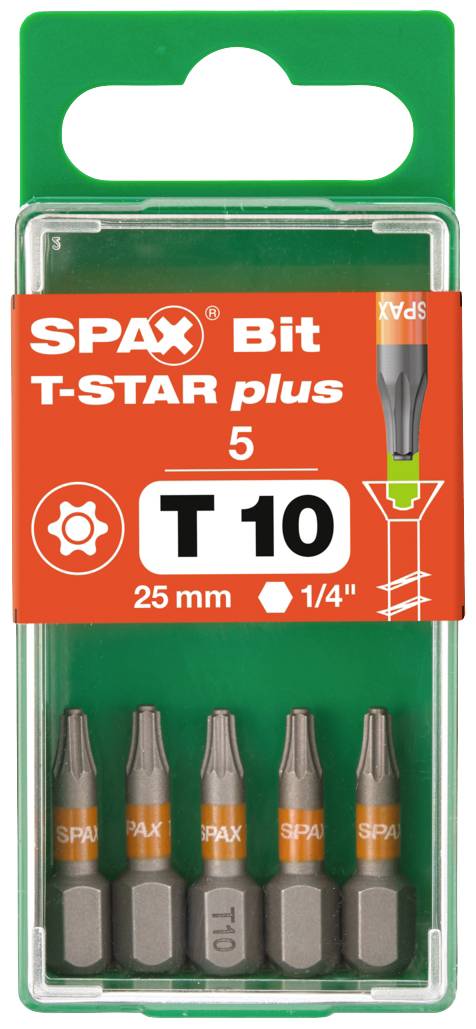 'SPAX Bit T-STAR plus' Set with 5 Bits, Size T10, 25 mm, 1/4 inch drive, in green plastic case.