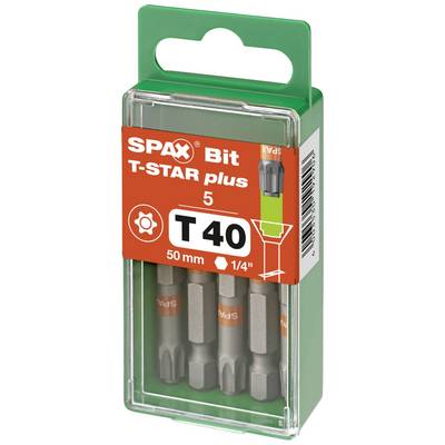 A transparent plastic container with five SPAX T-STAR plus bits, size T40, 50 mm long. Packaging with an orange label.