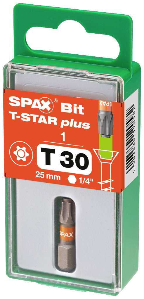 'SPAX Bit T-STAR plus T30', 25 mm length, 1 piece in green blister pack.