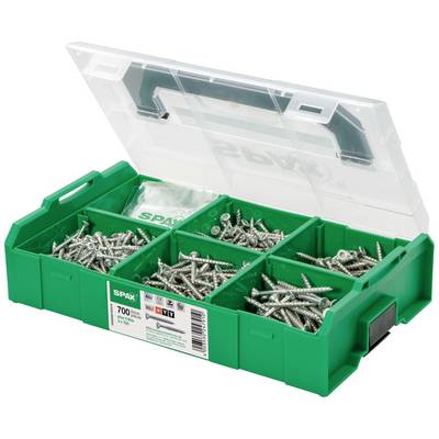 Green toolbox with six drawers full of screws, open on a white surface. Specifications on the front.