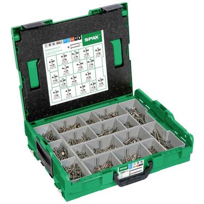 Green compartmentalised toolbox filled with various screws. A table showing an overview of screws is depicted at the top.