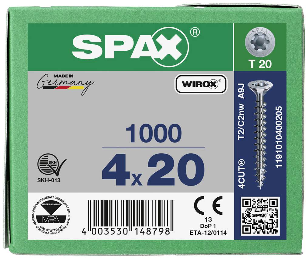 Packaging of a SPAX screw, 1000 pieces, size 4x20 mm, T20 head. Contains manufacturer information and quality certificates.