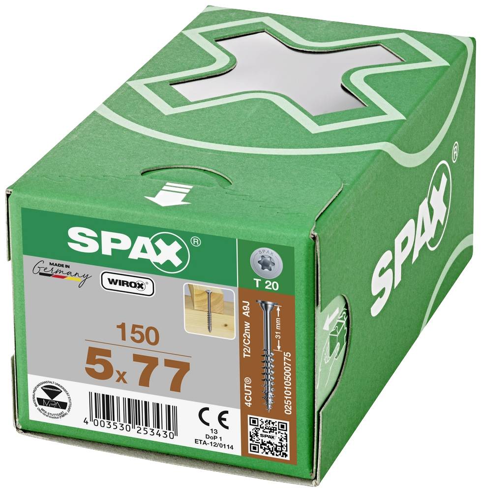 Green SPAX screw box with 150 pieces, size 5 x 77 mm. Indicates origin 'Made in Germany' and Wirox coating.