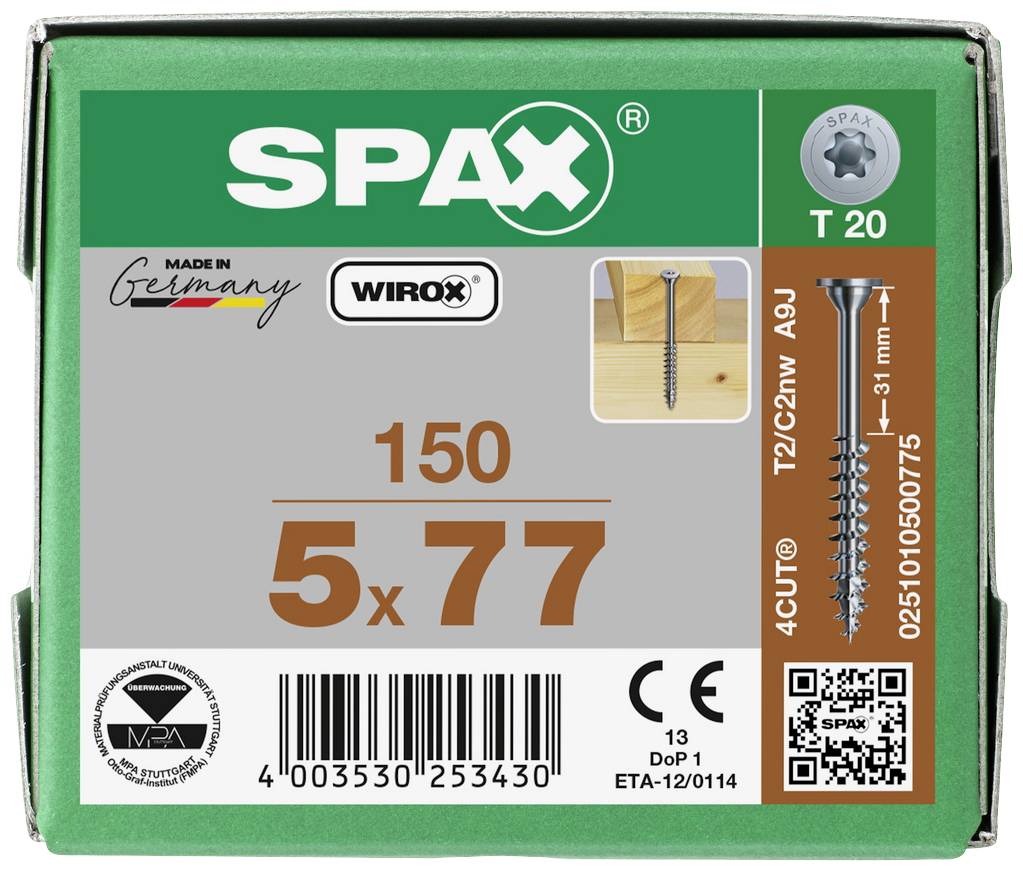 Green packaging for a screw brand labelled 'Spax', containing 150 screws, size 5x77 mm, with QR code and manufacturing details.