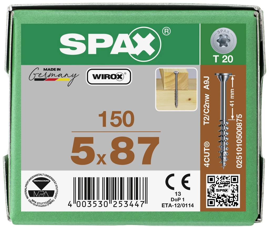 A green SPAX packaging for 150 screws, size 5x87 mm, with a detailed image of the screw and a note on wood application.