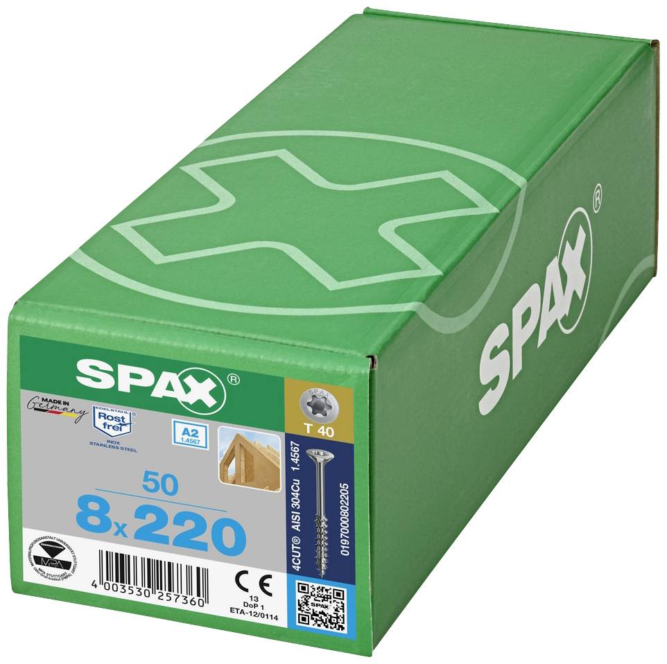 Green SPAX Screw Packaging, inscription '8x220', quantity '50', connects wooden components.