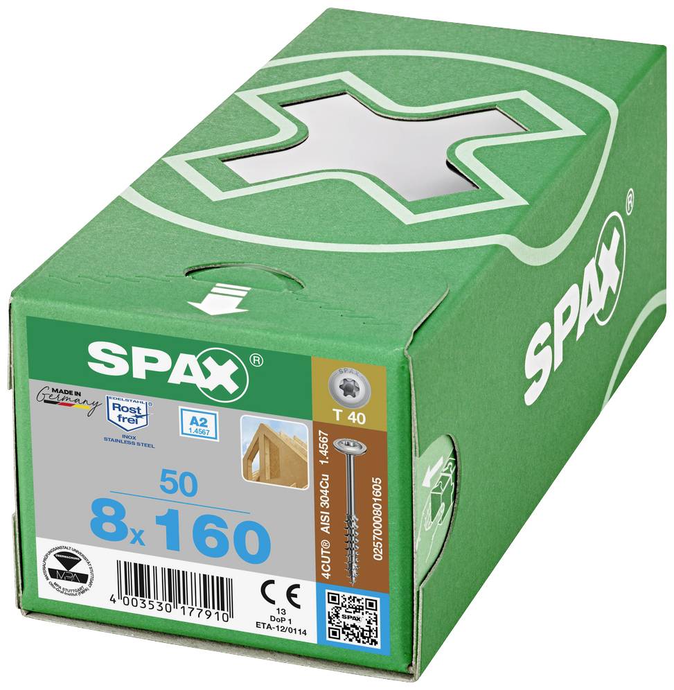 Green packaging of SPAX screws, 50 pieces, size 8x160, T40. Screws are stainless steel, with ETA approval.