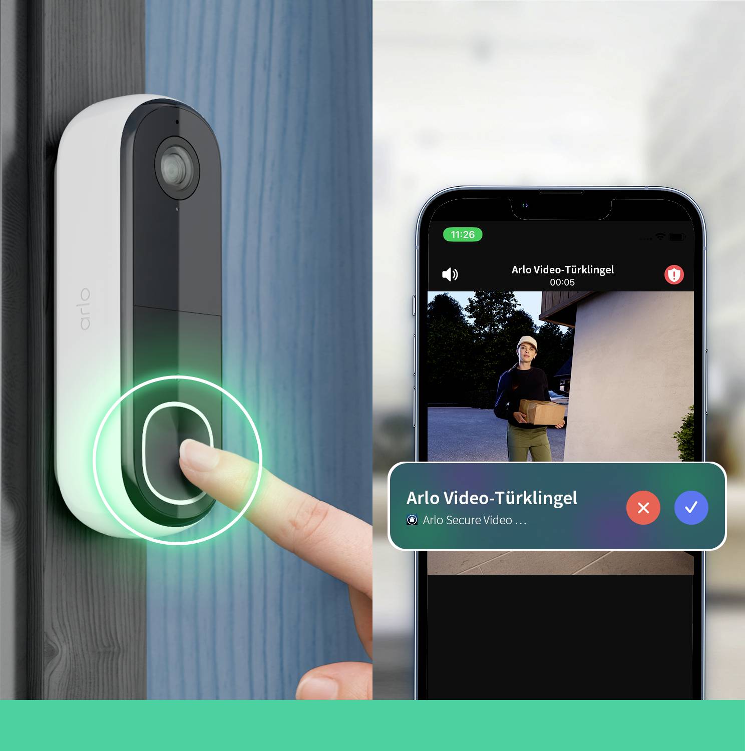 A person presses a doorbell with a camera; smartphone displays video of a parcel delivery.