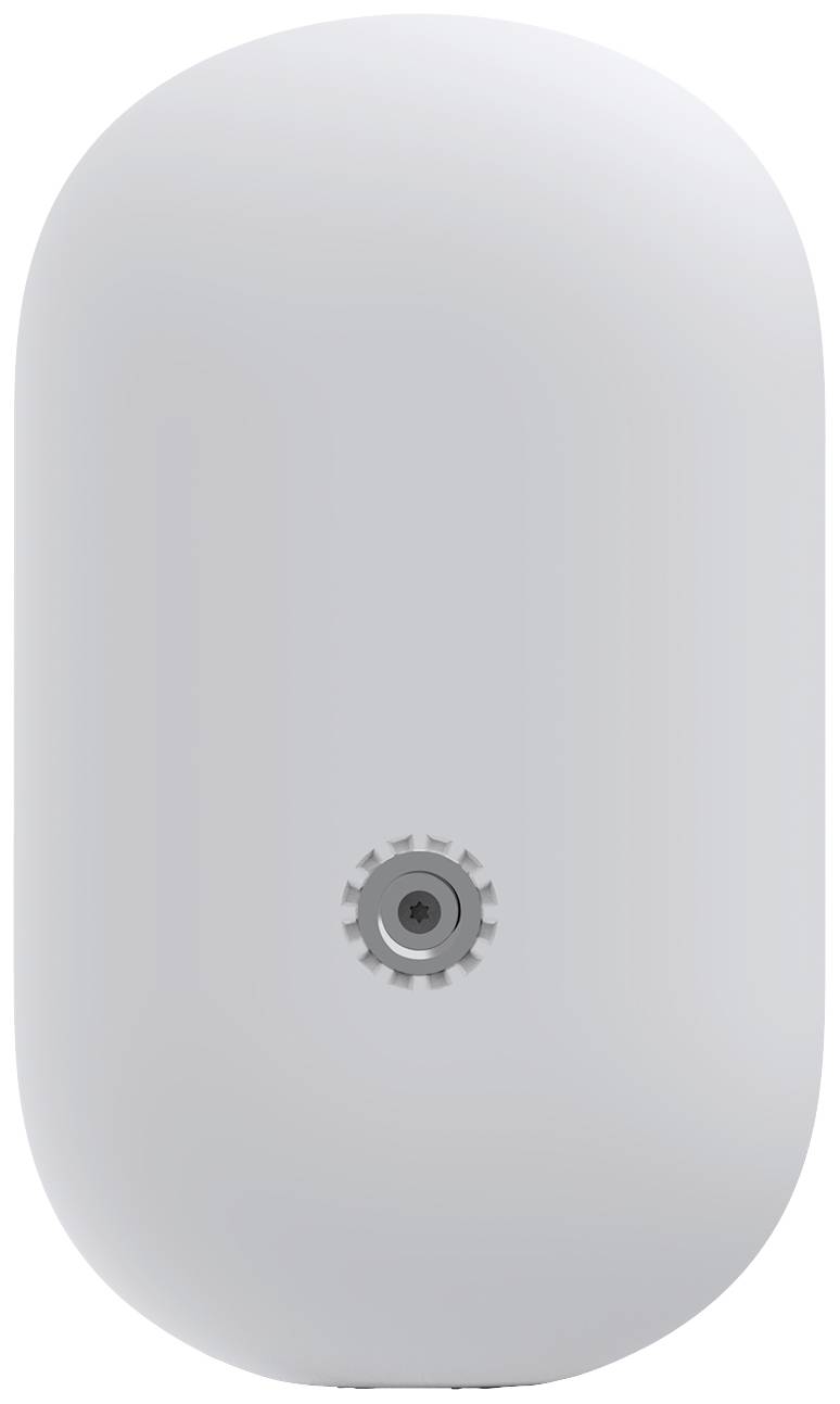 A white, oval smoke detector with a grey button in the centre.