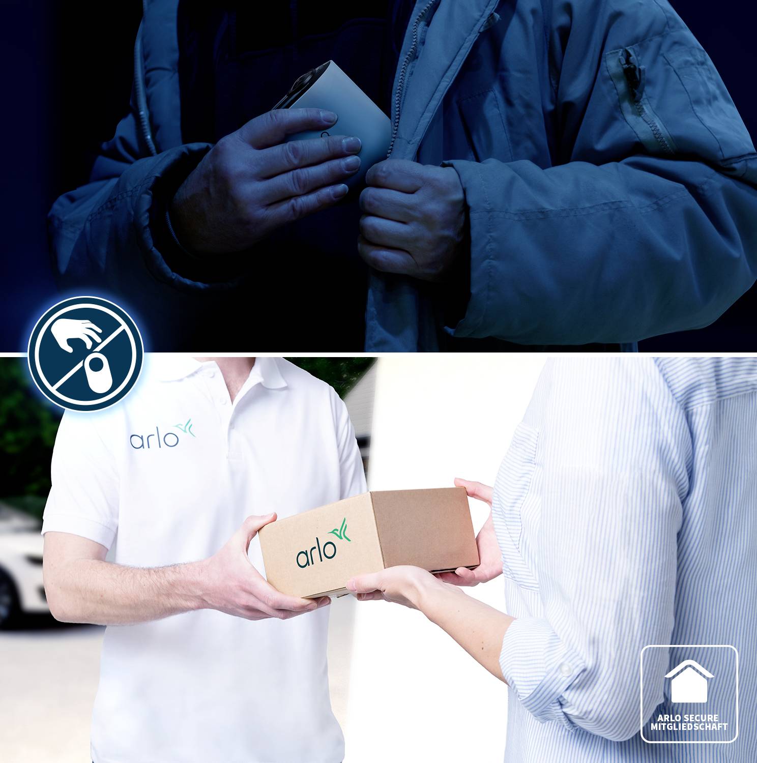 The image shows a person in dark clothing holding a lock at the top, and at the bottom, two people handing over a package with the 'arlo' logo.