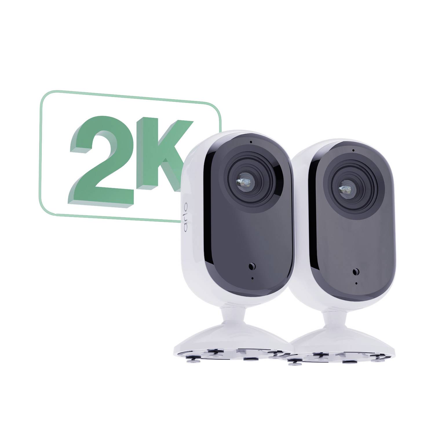 Two white cameras with black fronts, arranged side by side. In the background, the green text '2K' is visible.