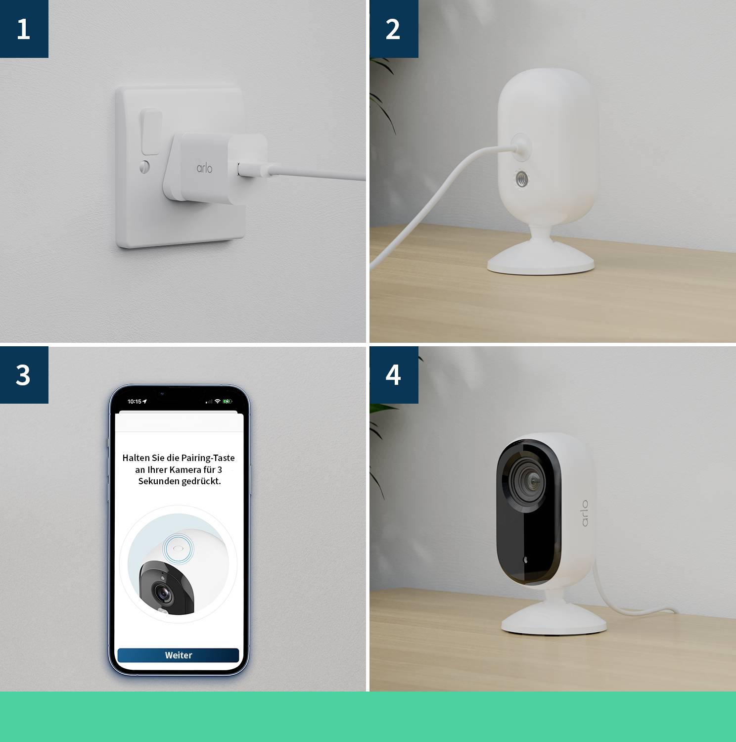 'Installation Instructions for Arlo Camera: 1. Plug Arlo power adapter into mains socket. 2. Connect camera to power supply. 3. Hold pairing button down for 3 seconds. 4. Camera is ready for use.'