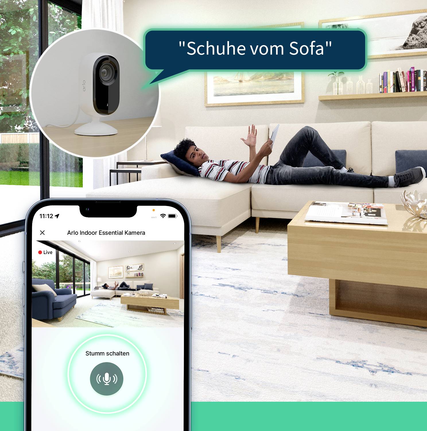 A man is lying on a sofa and looking at a mobile phone. Text in a speech bubble: 'Shoes off the sofa'. The mobile phone screen shows the room from a camera perspective.