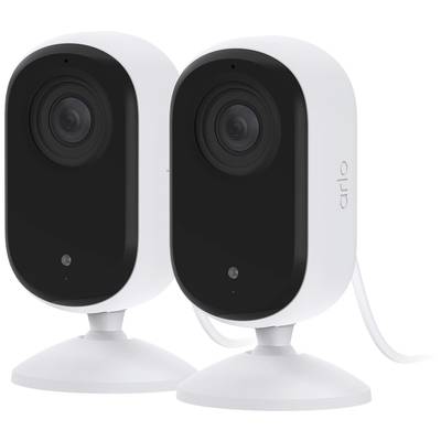 Two white surveillance cameras on stands, with the brand name 'arlo' on the side, are facing forward. They are positioned side by side.