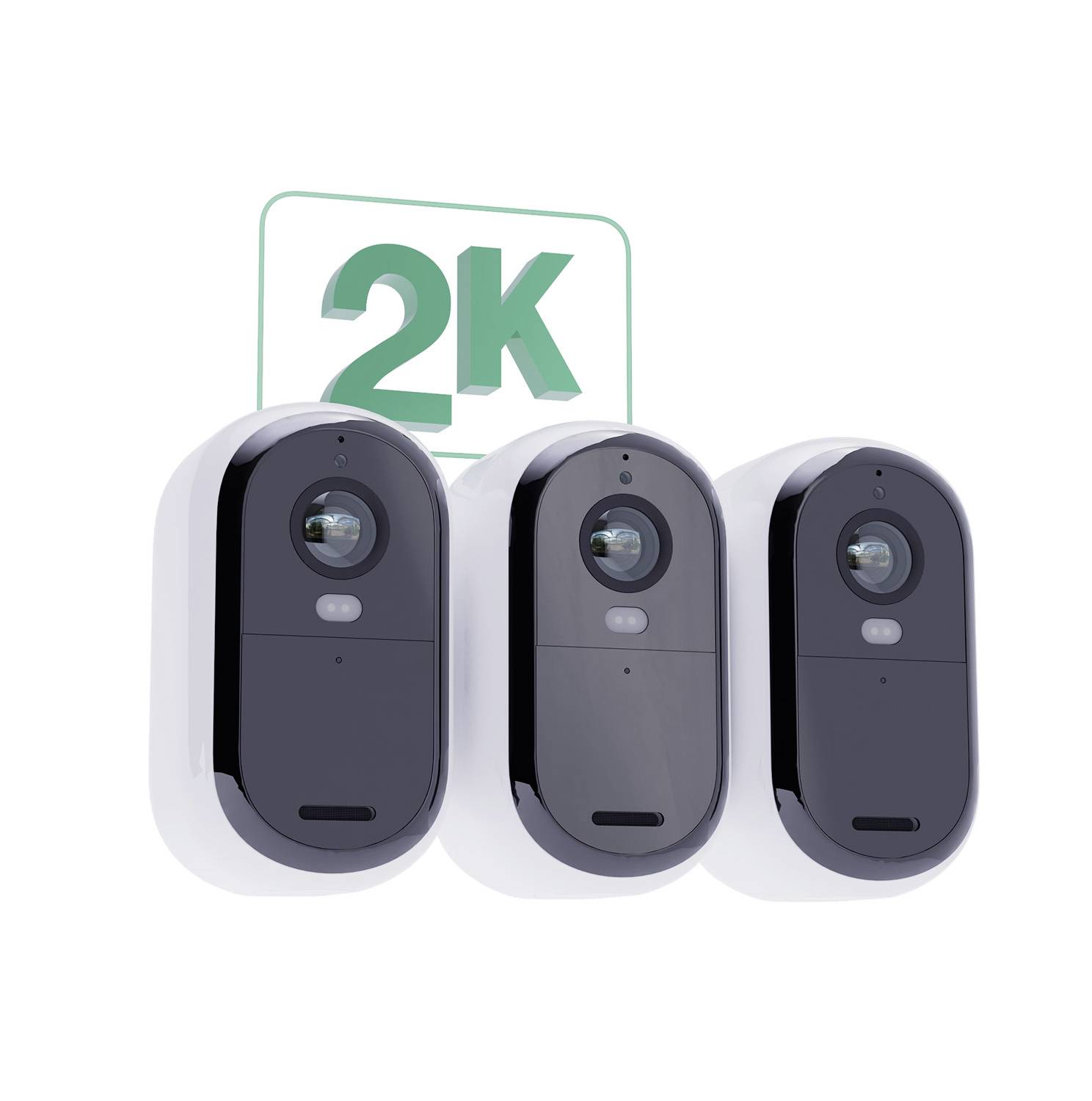 Three white, wireless cameras side by side, offering 2K resolution. They are modernly designed, suitable for surveillance applications.